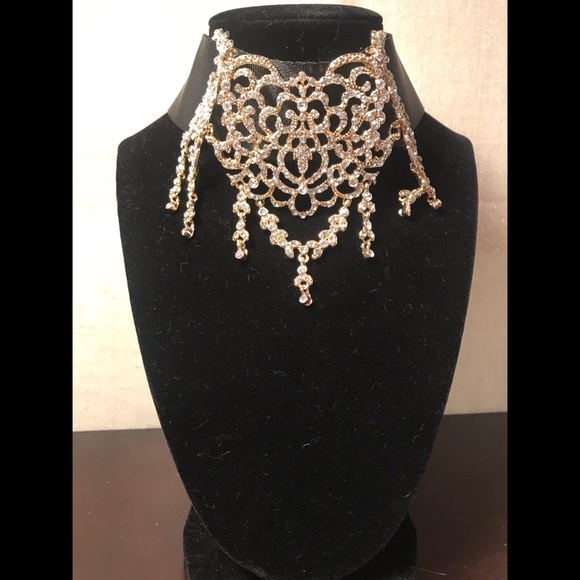 Jewelry - Brilliant Velvet Gold Rhinestone Ice Choker Collar
